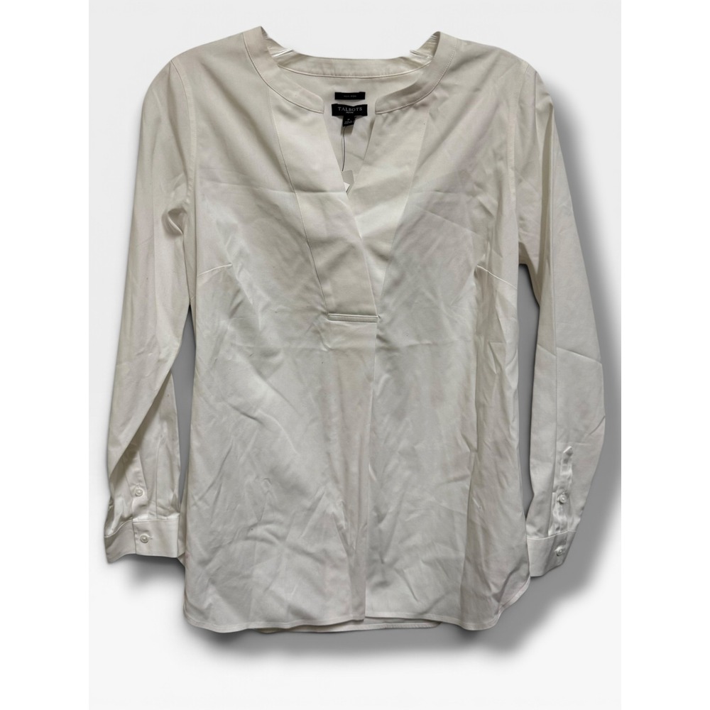 Talbots Petite Non-Iron White Split Neck Tunic Long Sleeve Cotton Blend Shirt P